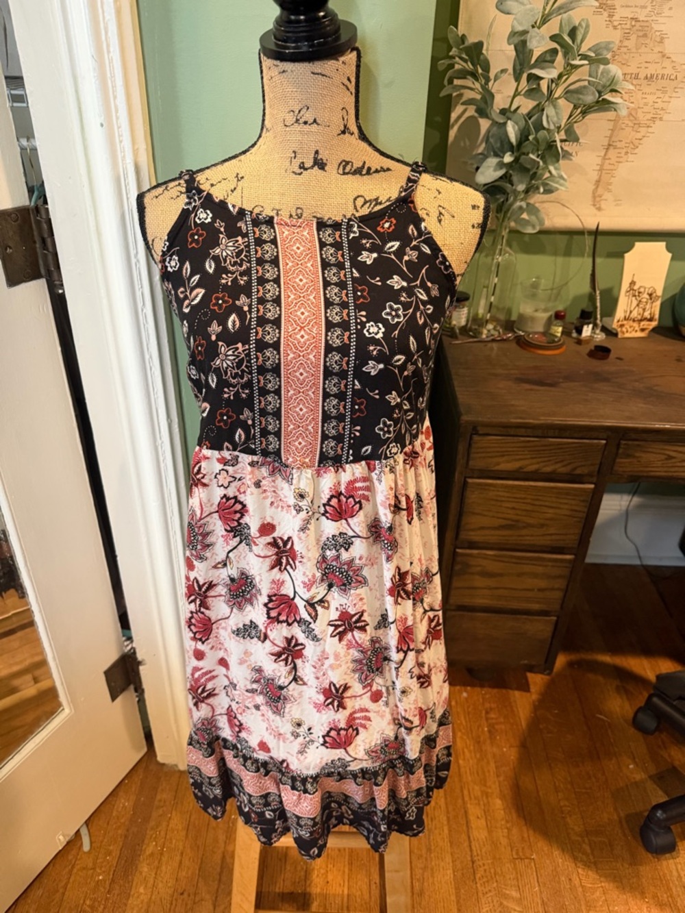 Maurices Black and Pink Floral Tiered Mini Dress
